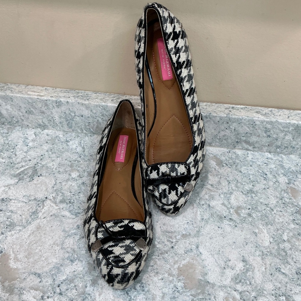 Isaac Mizrahi New York‎ Deborah Flats 6.5M Black White Houndstooth Pointed Bow